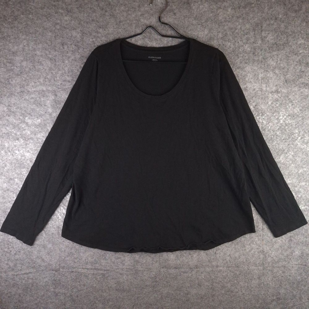 Eileen Fisher Top Womens XL Black Cotton Long Sleeve Scoop Neck